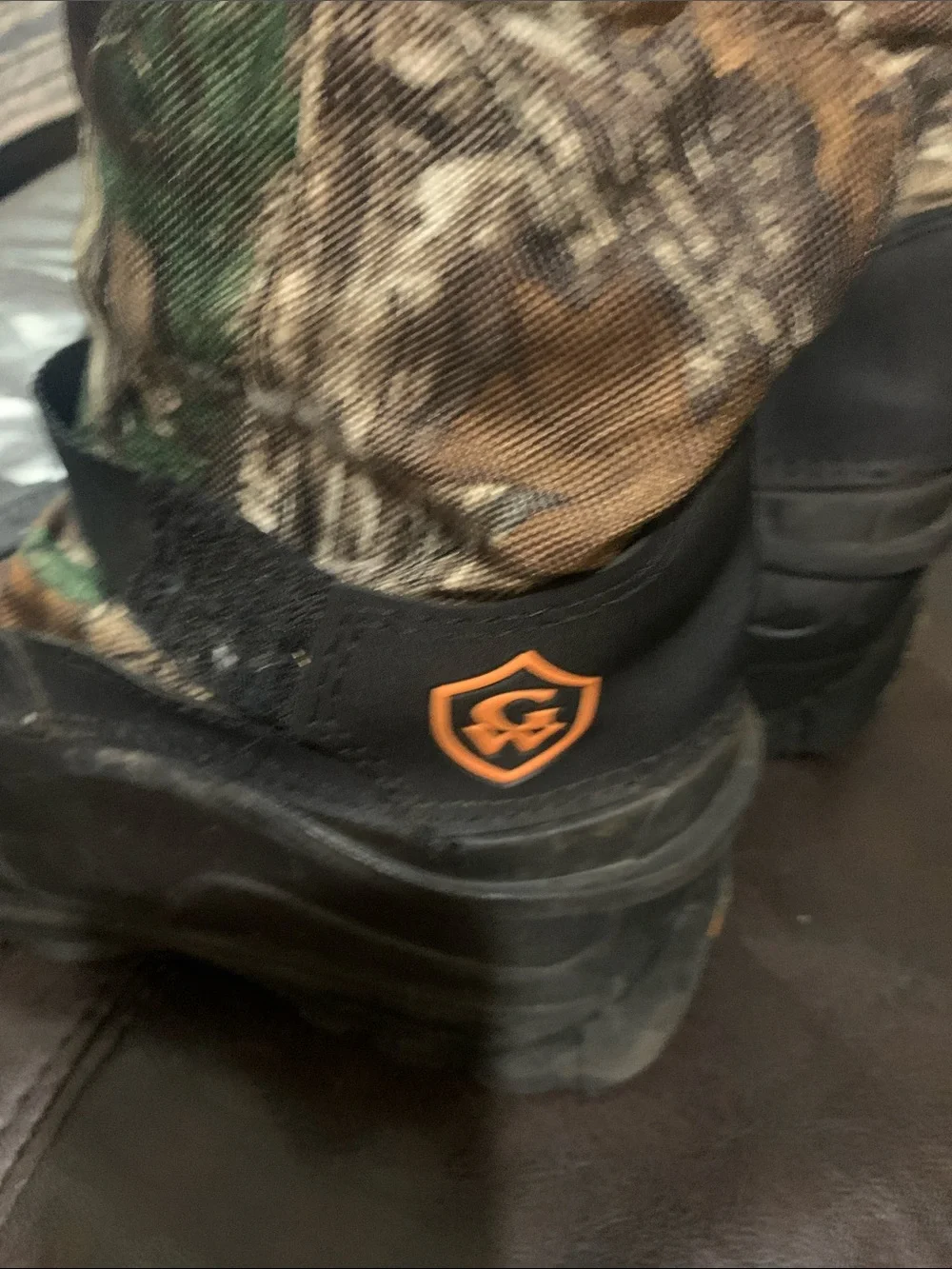 Kids Camo Pull-On Boots with Black Sole and Orange Logo